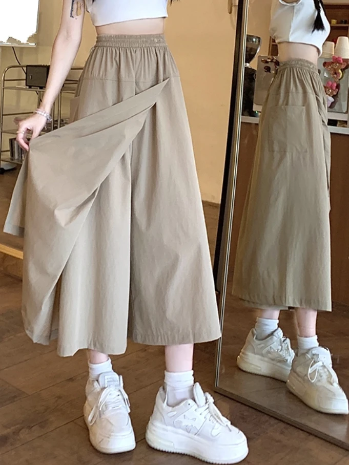 Loose A-Line Midi Skirt Women's plus Size High Waist Padded Fake Two-Piece Pear Shape Slimming Skirt Polyester Fiber