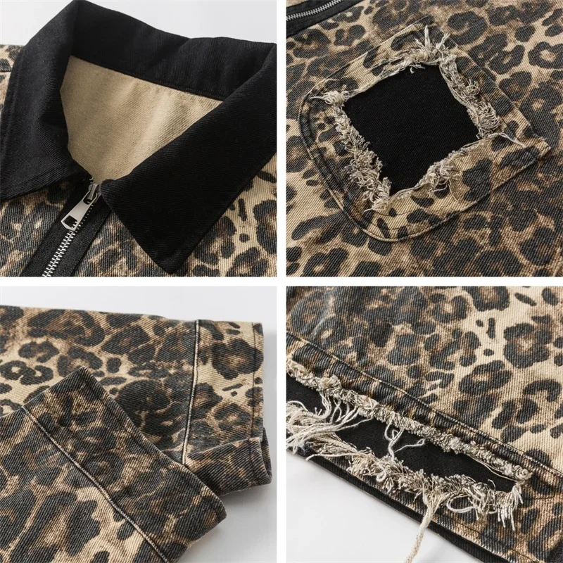 Giacca a vento corta Vintage da donna autunno 2024 giacche di jeans leopardate in cotone di marca di lusso per abbigliamento autunnale da donna