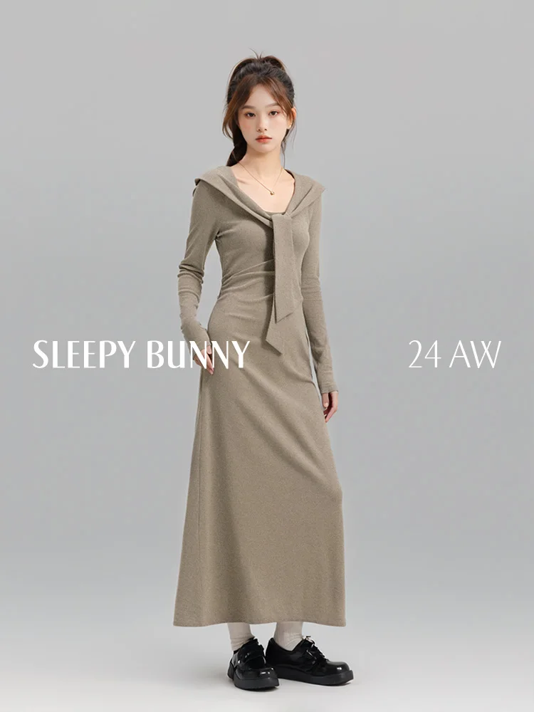 

Elegant Slim Knit Dress Women Autumn Casual Long Sleeve Maxi Dress High Waist Navy Collar Design Vintage Chic Outfit Daily Wear
