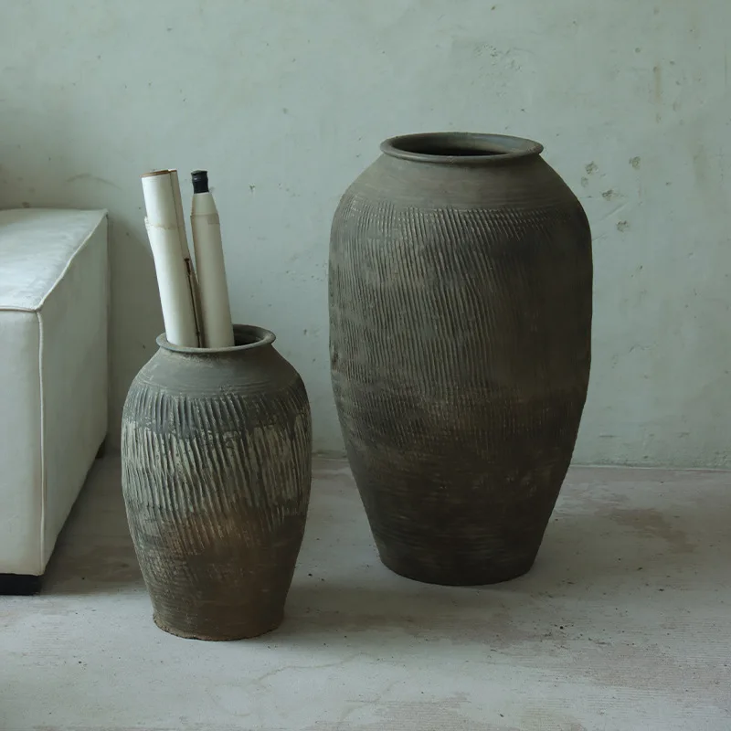 Antique Distressed Earthenware Urn, Large Ceramic Floor Vase for Living Room Homestay