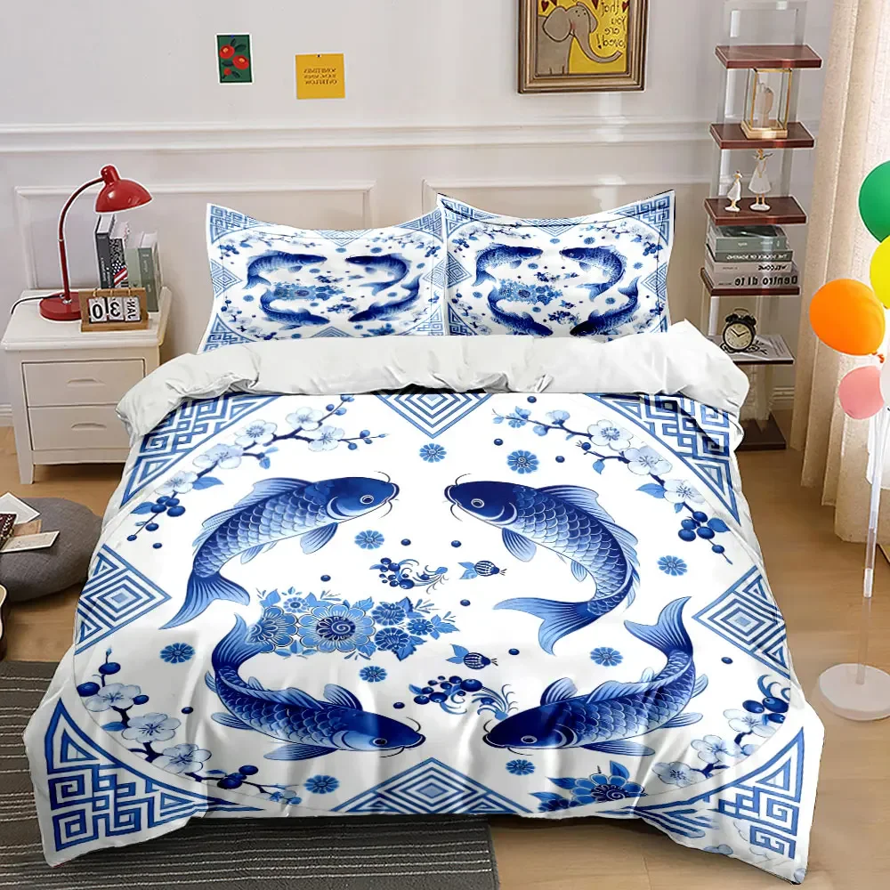Oriental Fish Pattern Decor Set Soft Comfortable Duvet Cover Bedding Set Included 1*Duvet Cover & 2*Pillowcases, gift