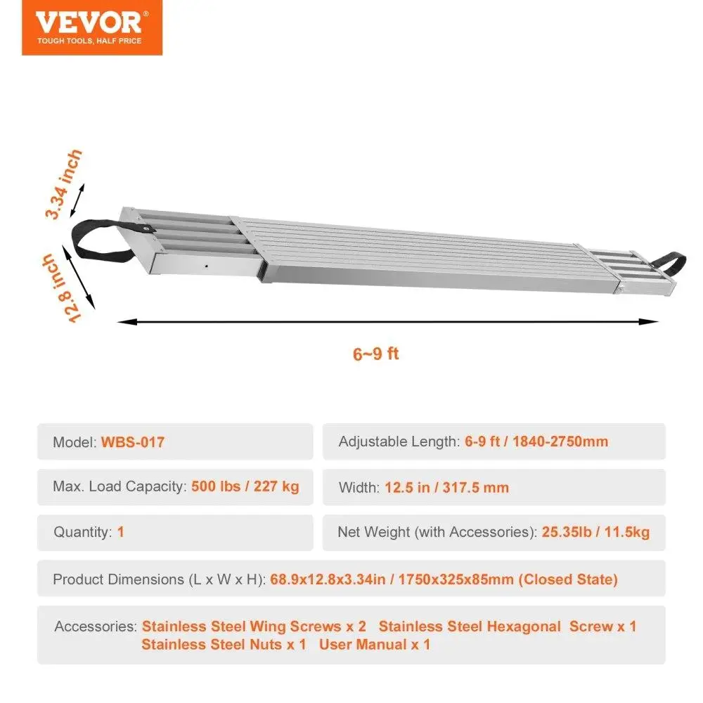 لوح عمل من الألومنيوم تصغير سعة 500 رطل قابل للتعديل بطول 6-9 قدم 12.5 بوصة عرض تمديد لوح ألومنيوم