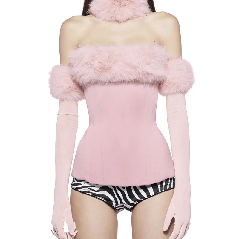 Camisetas sin tirantes de retales de piel sintética con guantes de manga larga para mujer, chalecos ajustados con corsé sin espalda y peludo Sexy a la moda para Navidad