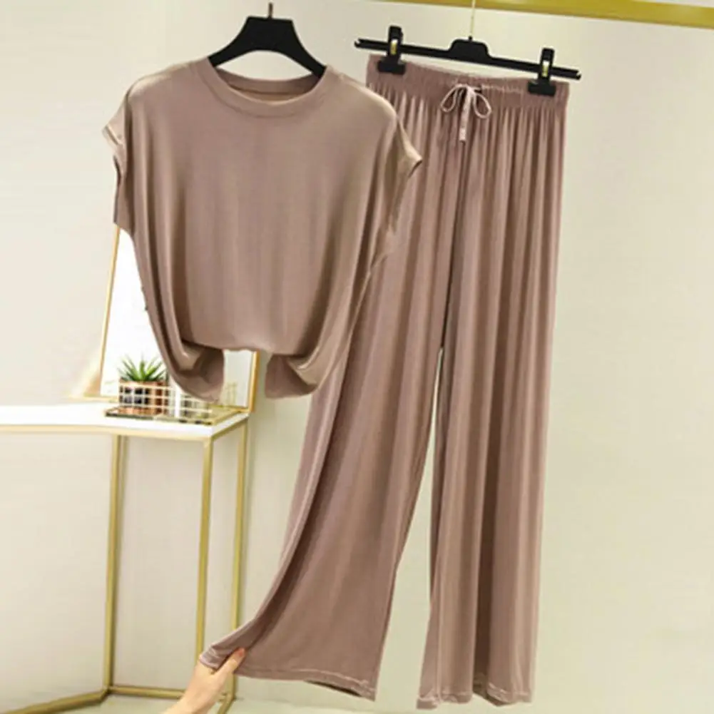 

2 Pcs/Set Comfortable Wide Leg Lady T-shirt Pants Set Elastic Waist Sot Breathable Women Summer Tracksuit Sleeping