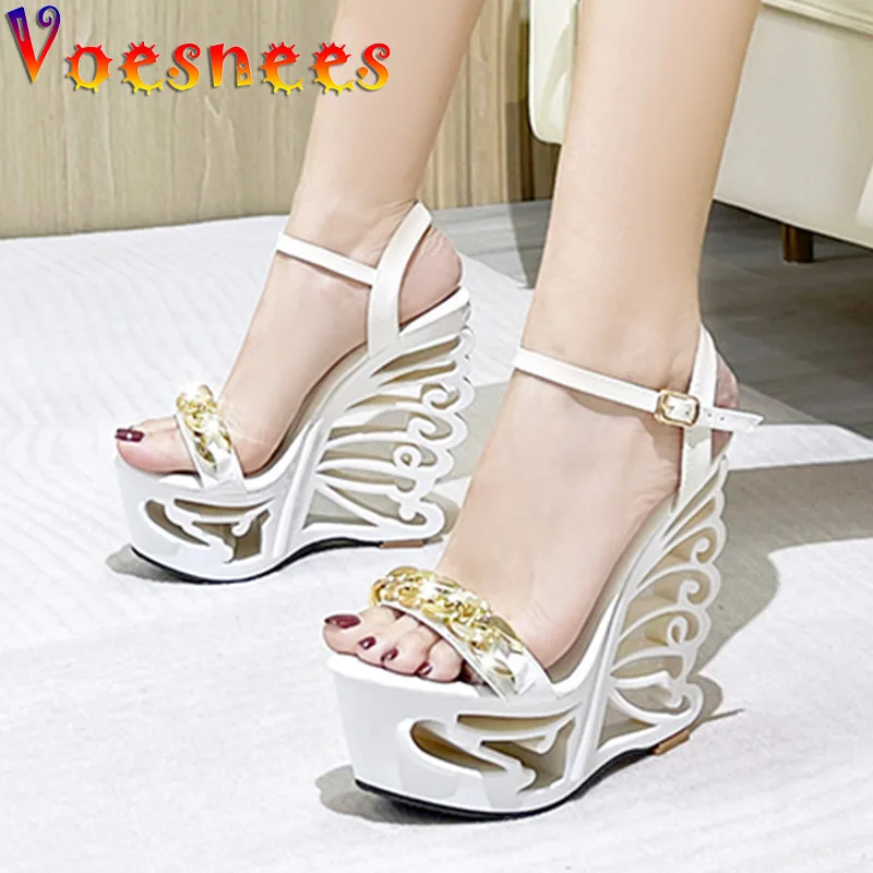 Women Summer Sandals Hollow Out Platform Party Wedges Shoes Fashion Metal Chain Decoration Solid Color Catwalk Model High Heels