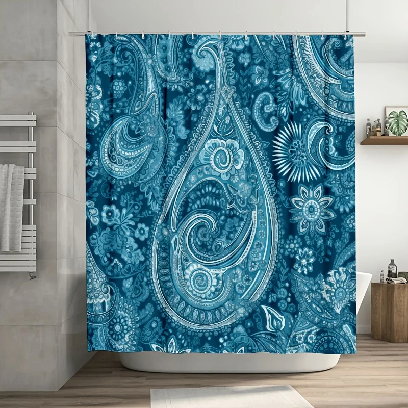 

Цифровая синяя занавеска для душа с узором пейсли, прочный полиэстер, легко чистится, можно стирать в машине с крючками, для декора ванной комнаты