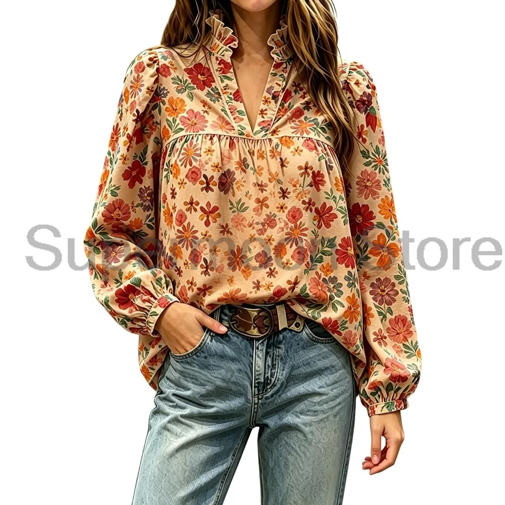 Women Western Vintage Ditsy Floral Print Blouse Ruffled Stand Collar V-Neck Long Puff Sleeve Shirt Ladies Loose Casual Tops