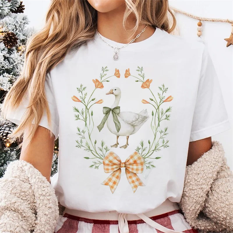 

Футболка с рисунком оранжевого цветка и милым принтом утки, стильная футболка с коротким рукавом, повседневная женская модная футболка с круглым вырезом, уличный топ