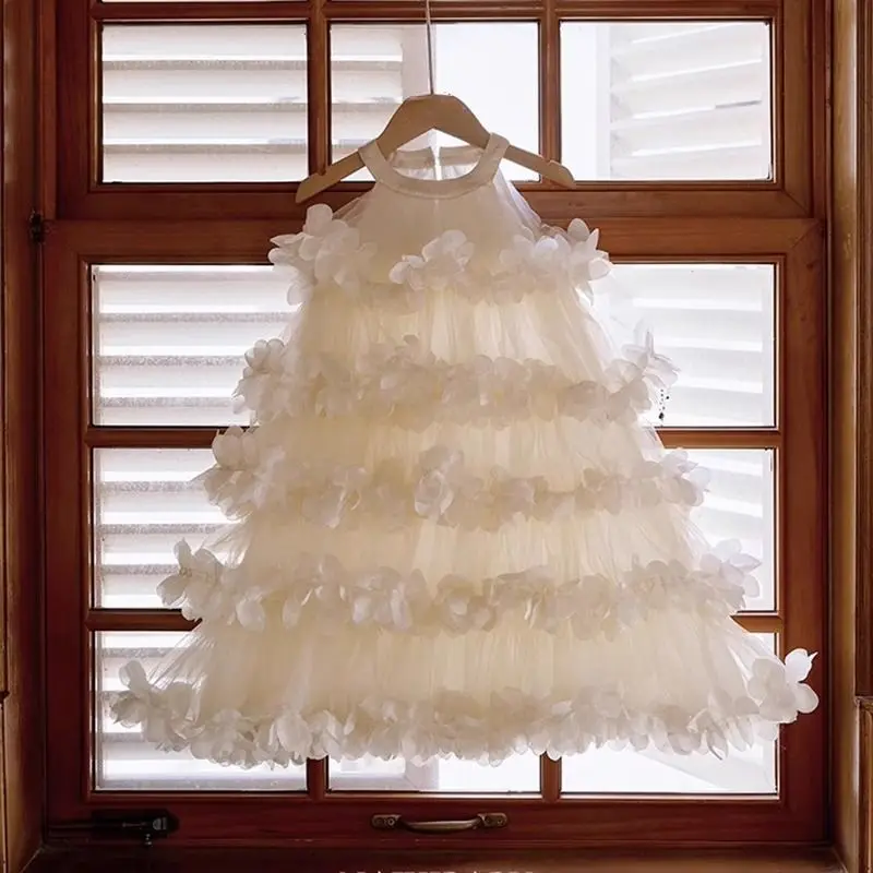 Girl Princess Dress 2025 Summer New Flower Birthday Dress Girl Fairy Yarn Dress Children's Cake Dress