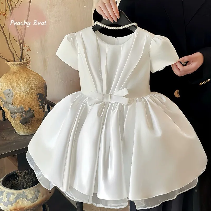 

Baby Girl Princess Bow Tutu Dress Infant Kid Teens Child Elegant Ruffled Silk Vestido Wedding Party Birthday Baby Clothes 1-12Y