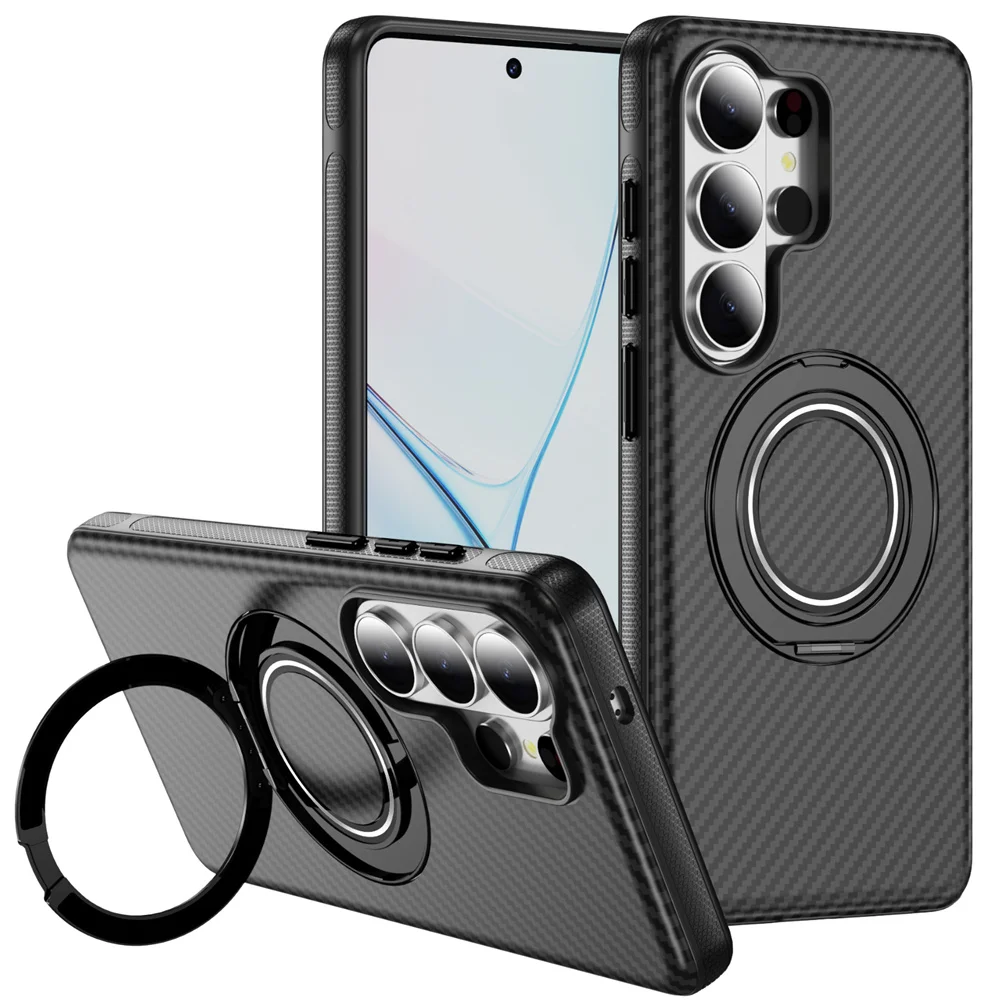 High-end Carbon Fiber Texture Magnetic Stand Case for Samsung Galaxy S26 Ultra/S25/S24/S23 Ultra Hard Defender Shockproof Cover