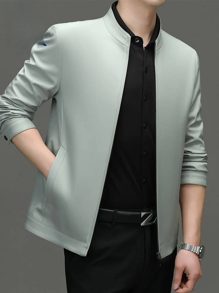 

Lormen Luxury Milk Silk Jaet Men's Outerwear Spring Autumn Thin Busin Casual Turn-down Collar Clothes for Middle-aged