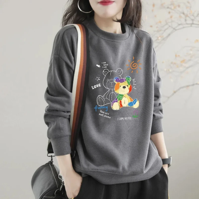 Pullover Letter Cartoon Printing Crew Neck Women\'s Clothing Hoodies Lantern Long Sleeve Loose Comfortable Spring Autumn Tops