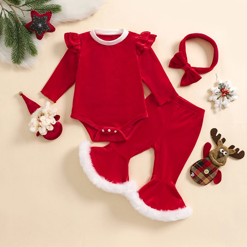 Infant Girls Winter Holiday Ensemble Velvet Jumpsuit with Bell Bottoms and Matching Headband Set Baby Apparel