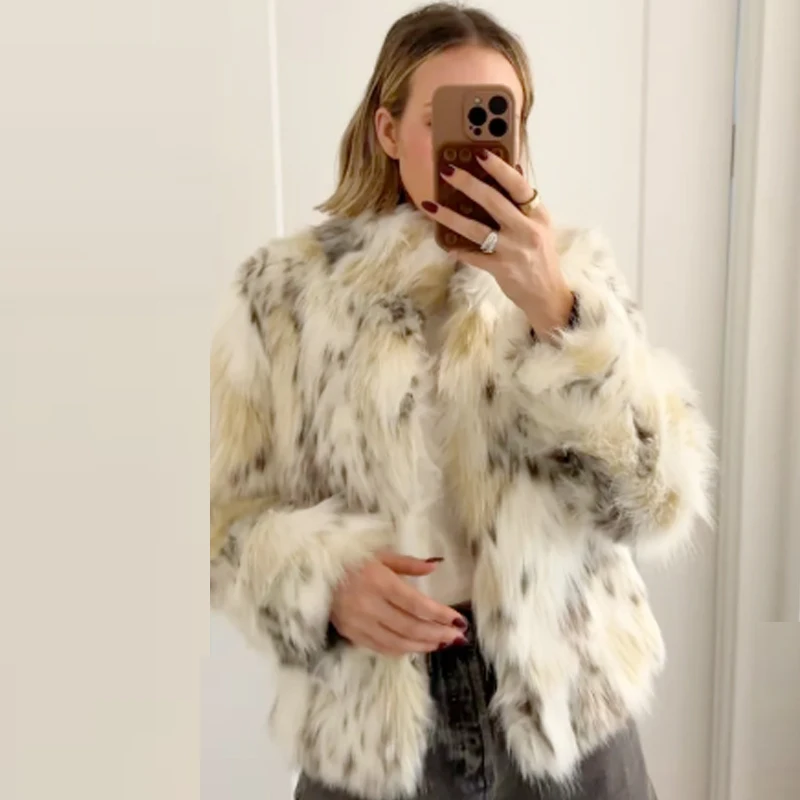 HXAO ليوبارد فو الفراء معطف سترة نسائية خريف شتاء 2025 المحاصيل رقيق ملابس خارجية شعر كم طويل محشوة سترة أفخم معطف #6