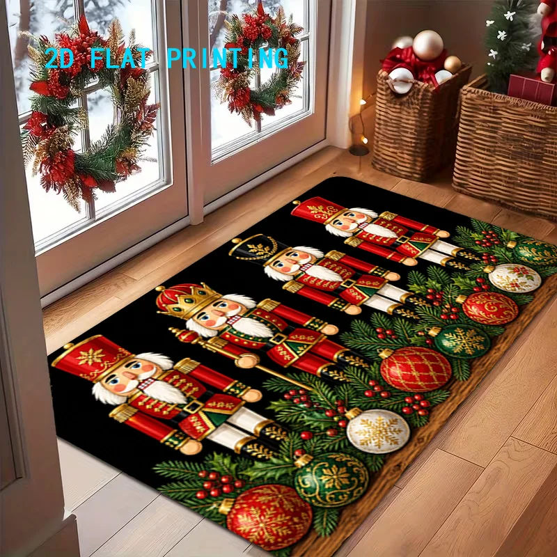 1pc 2D Flat Printed Christmas Nutcracker Entryway Area Rug, Colorful Non‑Slip Machine‑Washable Decor Floor Mat for Indoor Decor