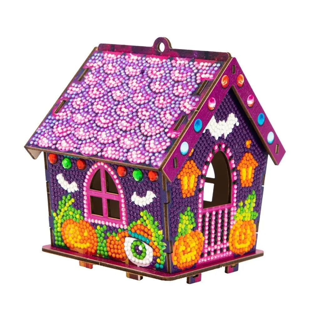 3D Wooden House Halloween Rhinestone Painting Kit Cute Spooky DIY Craft Kit Pearl Art Ghost Pumpkin Pattern Handmade Craft Set