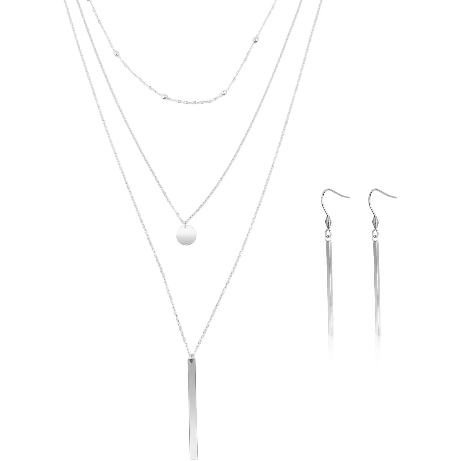 

1 Set Stainless Steel Triple Layered Necklace Bead Chain Collars Long Necklace Chokers Coin Long Bar Pendant Necklaces Collars