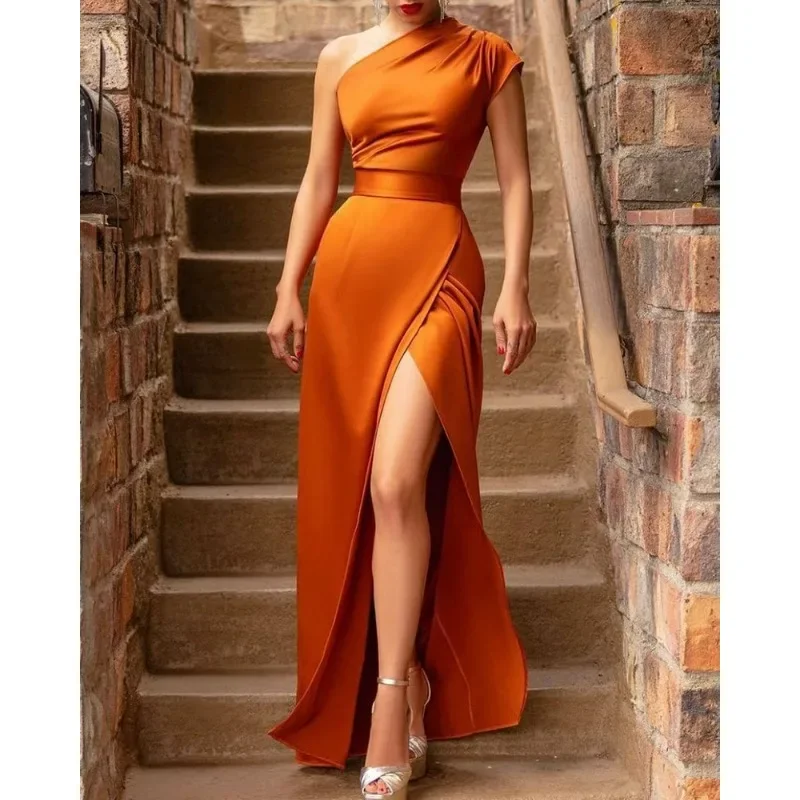 Elegant Banquet Summer Long Skirt Cinched Orange High Waist Temperament Commuter Sleeveless Solid Color Slanted Shoulder Dress