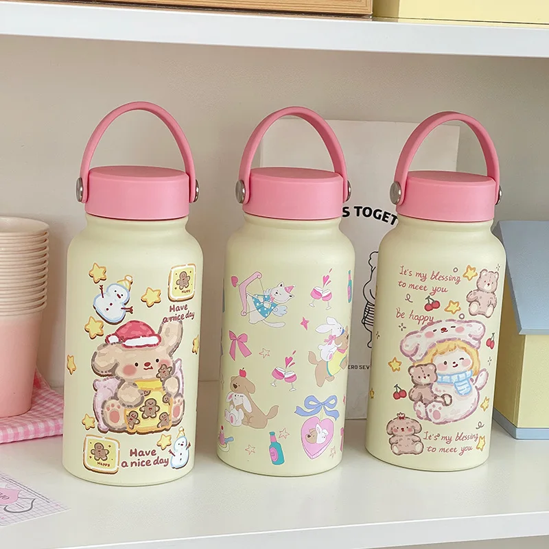 650 ML bubble tea cup Cartoon Bear Insulated Cup Female Large Capacity Handheld Cup Stainless Steel Portable Water Bottle