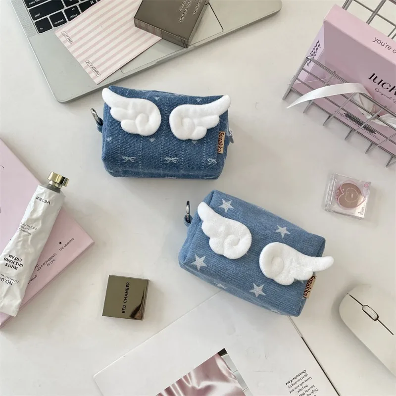귀여운 천사 한국 날개 별 데님 동전 지갑 2025 빈티지 블루 미니 핸드백 학생 휴대용 화장품 주최자 지갑