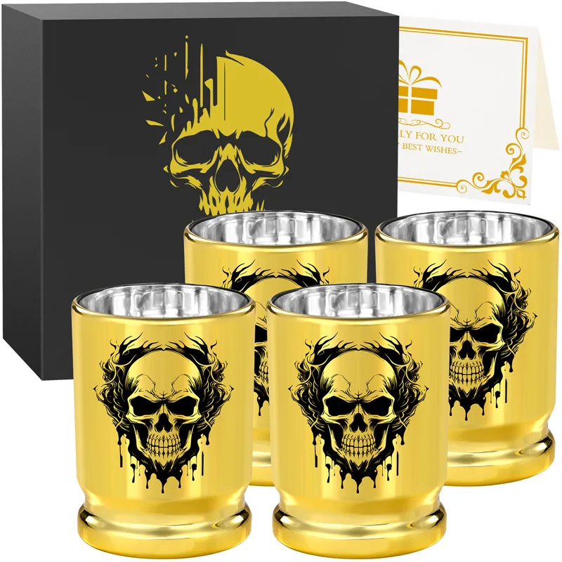 Portable Skull Head Pattern 50 Caliber Bullet Shot Cups Golden Plastic Shot Glasses for Wedding Bar Accessory Gift Set