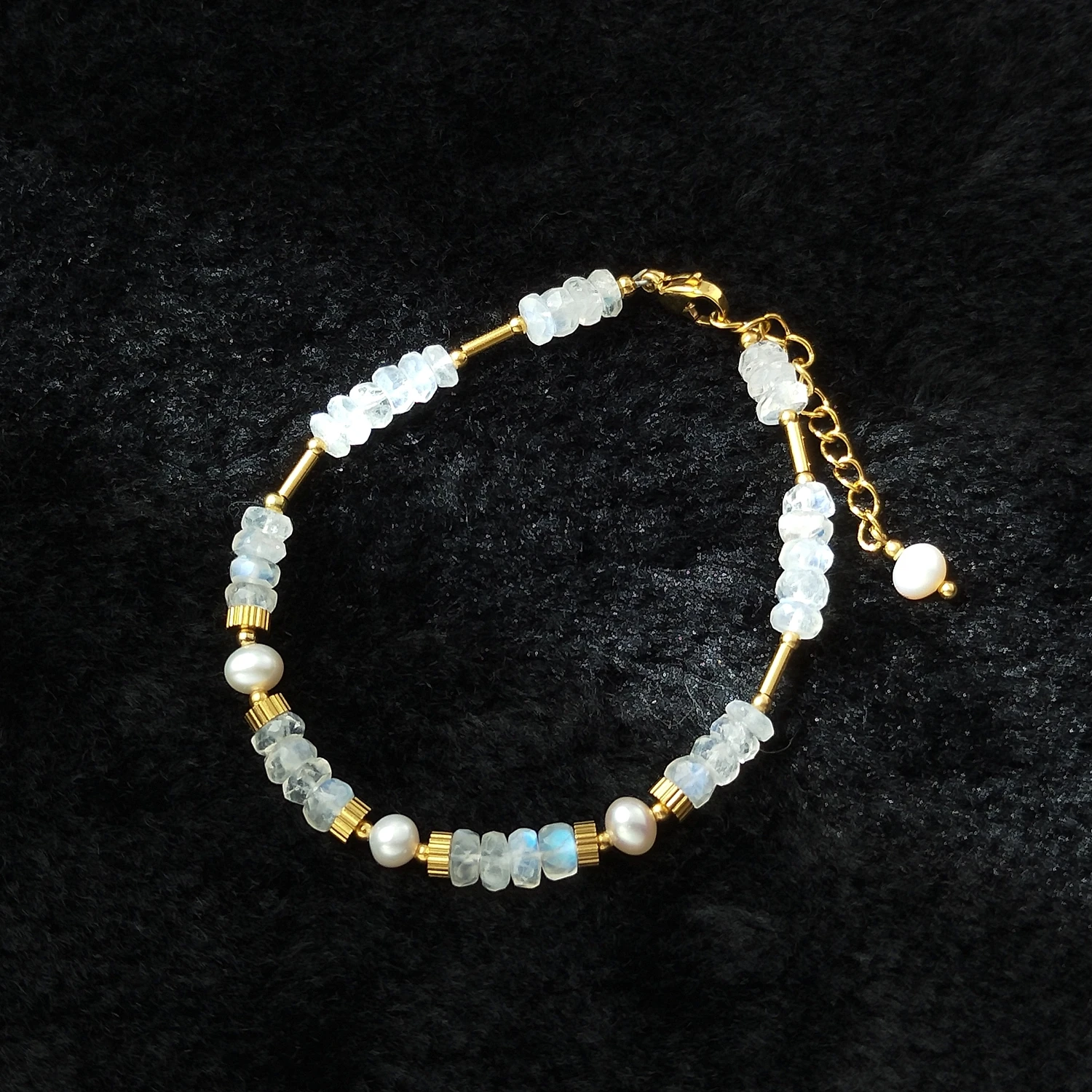 

Lii Ji Moonstone Facted Beads Natural Stone Bracelet 17+3cm Gold Stainless Steel Handmade Jewelry