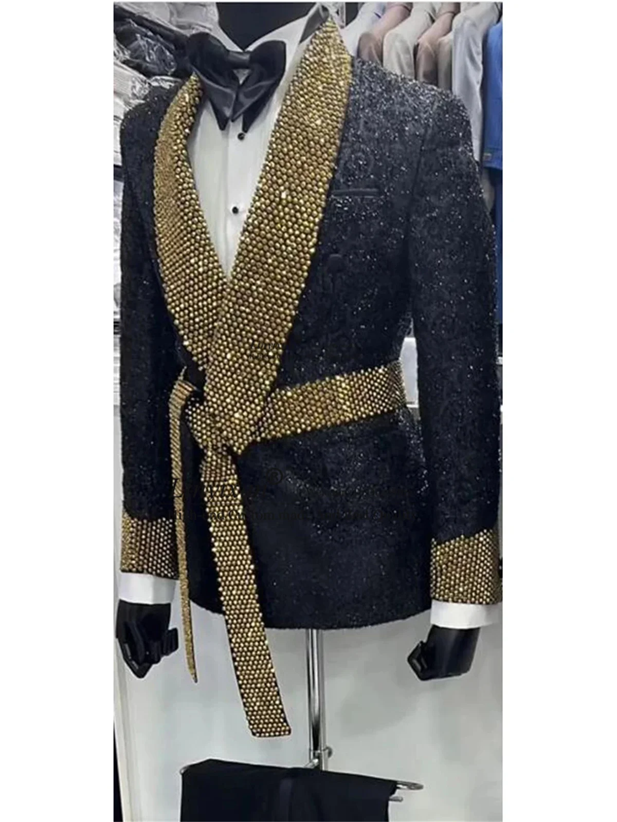 Glitter Beaded Crystals Men Suits 2 Pieces Sets Groom Wedding Tuxedos With Belt Male Prom Blazers Slim Terno Masculino Completo