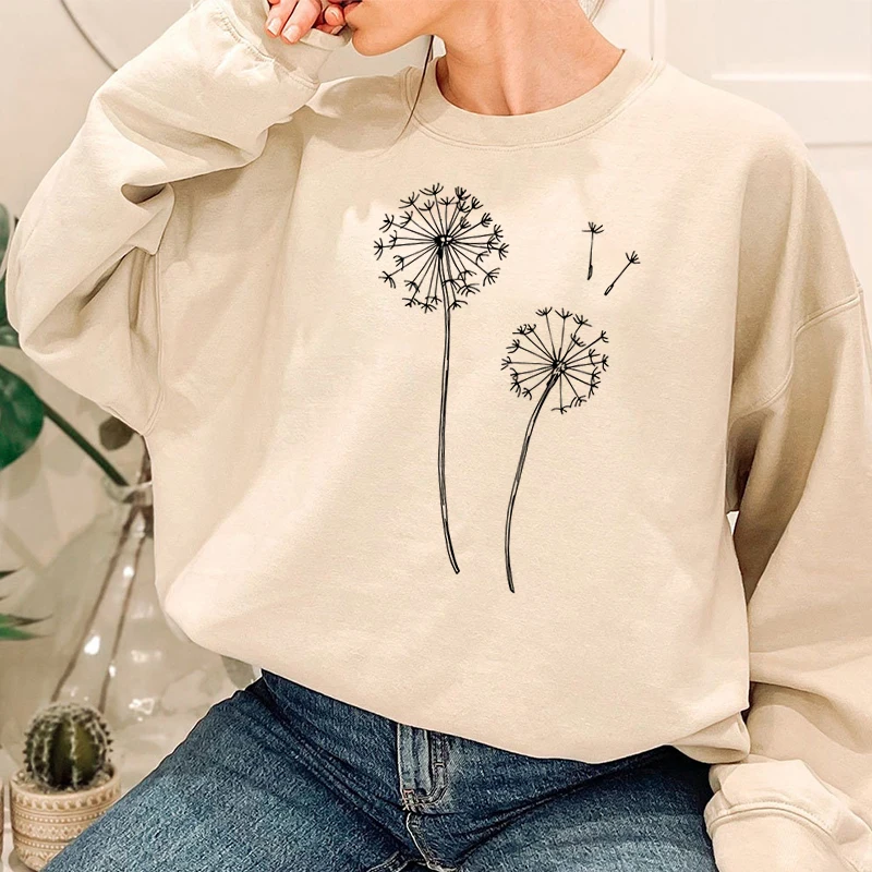 Sweatshirt musim gugur musim dingin, Sweatshirt leher bulat motif Dandelion, Sweatshirt untuk wanita ukuran besar, pakaian wanita pullover tanpa Tudung