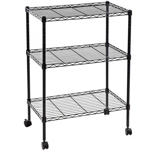 3 Tier Rolling Storage Rack Metal Utility Shelving Unit with Wheels Mobile Organizer Shelf Plastic Coated Iron Frame Freestanding Storage Cart for Kitchen Bathroom Laundry Room Office Home 350x600x850mm Black