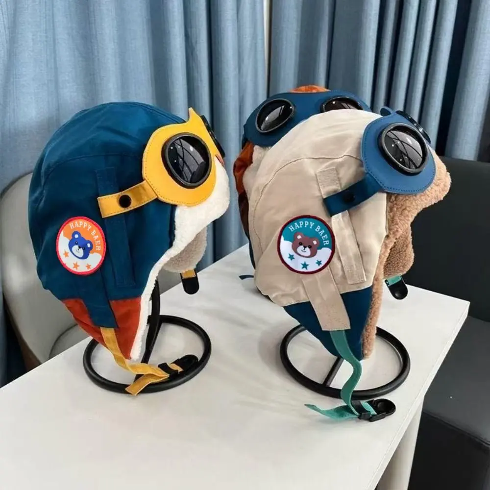 

Fashion Cute Cartoon Pilot Hat Windproof Cold Proof Ear Protection Cap with Glasses Thickned Warm Hat Winter