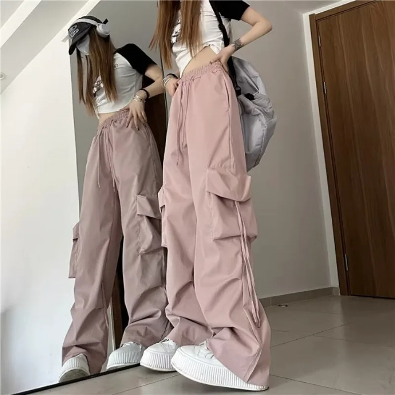 ผู้หญิงกางเกงเอวสูงกระเป๋าขนาดใหญ่ Drawstring กางเกง Vintage Streetwear แฟชั่น Baggy กางเกงหญิงสบายๆหลวม Sweatpant