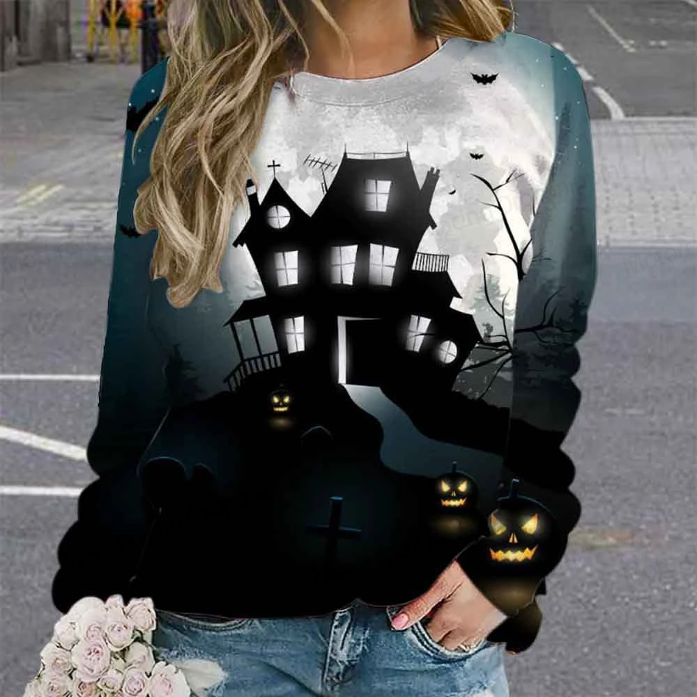 Horror Halloween 3d Print Hoodie Women Fashion O-neck Graphic Hoodies Women Sweats Animal Coat Girl Clothes Spooky Sweatshirt