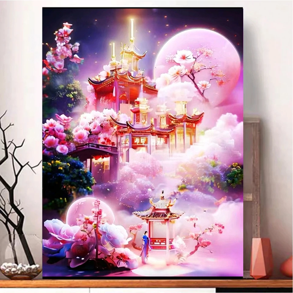 

Diamond Painting Pink Castle Flower Landscape Cross Embroidery Castle 5DDIY Artist Living Wall Decoration Christmas Gift