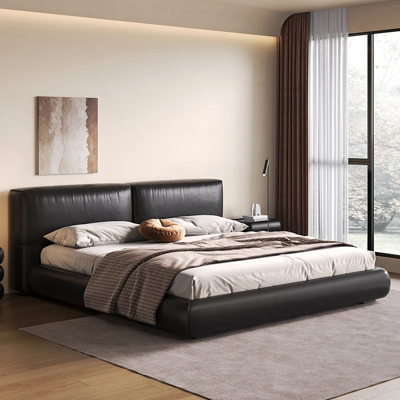 

Tofu block genuine leather bed Italian minimalist large black cow bed Modern minimalist master bedroom double bed Black