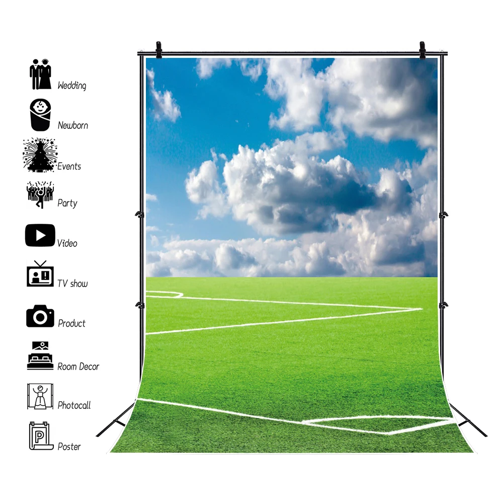 

Laeacco Outdoor Football Field Photo Backdrop Blue Sky and White Clouds Kids Bithday Portrait Customized Photography Background