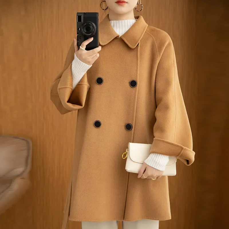 High-end double-sided cashmere coat women's long model  autumn and winter new small wool woolen coat loose