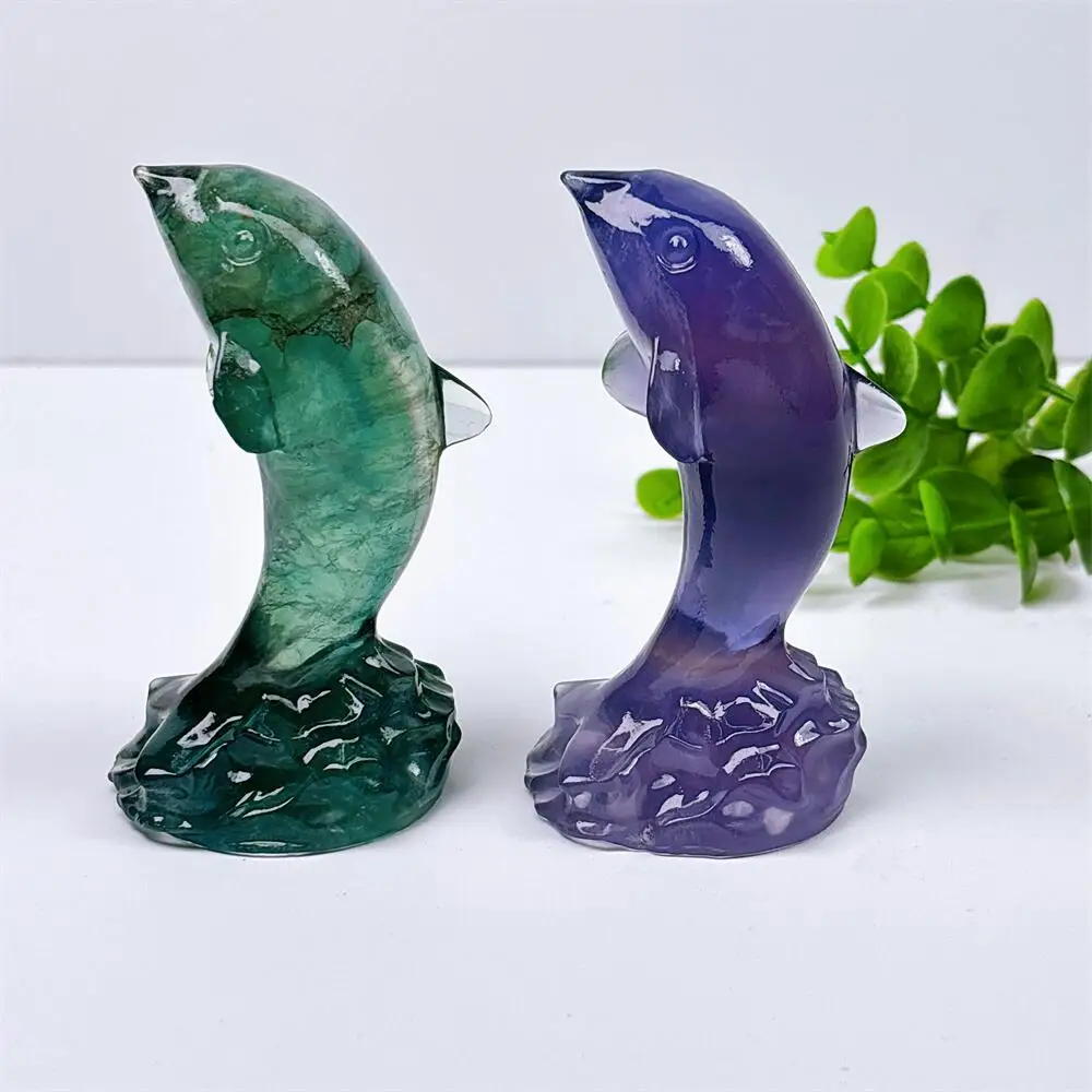 Natural Crystal Quartz Fluorite Dolphin Carving Polished Healing Animal Figurine Stress Relief Home Decor Craft Gift