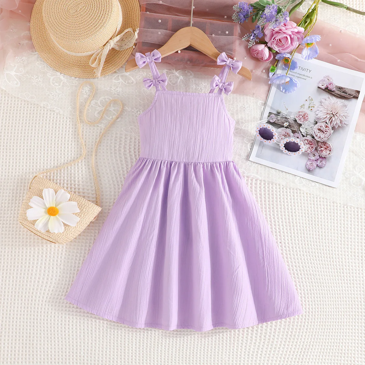 

2024 Summer New Arrival Girls Sleeveless O Neck Bow Purple Designer Cute Party Princess Dress Custume 4-7T