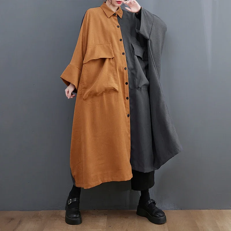 

New Contracst Patchworks Oversize Lady Baggy Shirt Dress Buttoned A-Line Korean Casual Trench Coat Long Dress