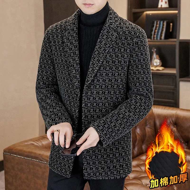 

Осень-зима, мужская шерстяная куртка средней длины, жаккардовая шерстяная смешанная повседневная куртка с лацканами, деловое социальное пальто