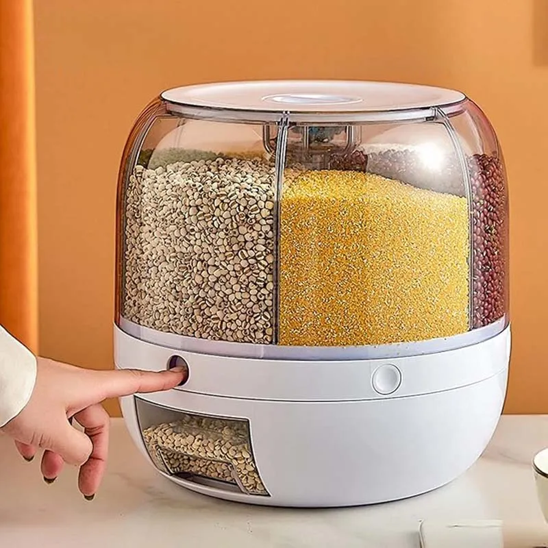 

360° rotating 6-grid grain dispenser, one-touch output storage container for rice grain sealing and moisture-proof organizer