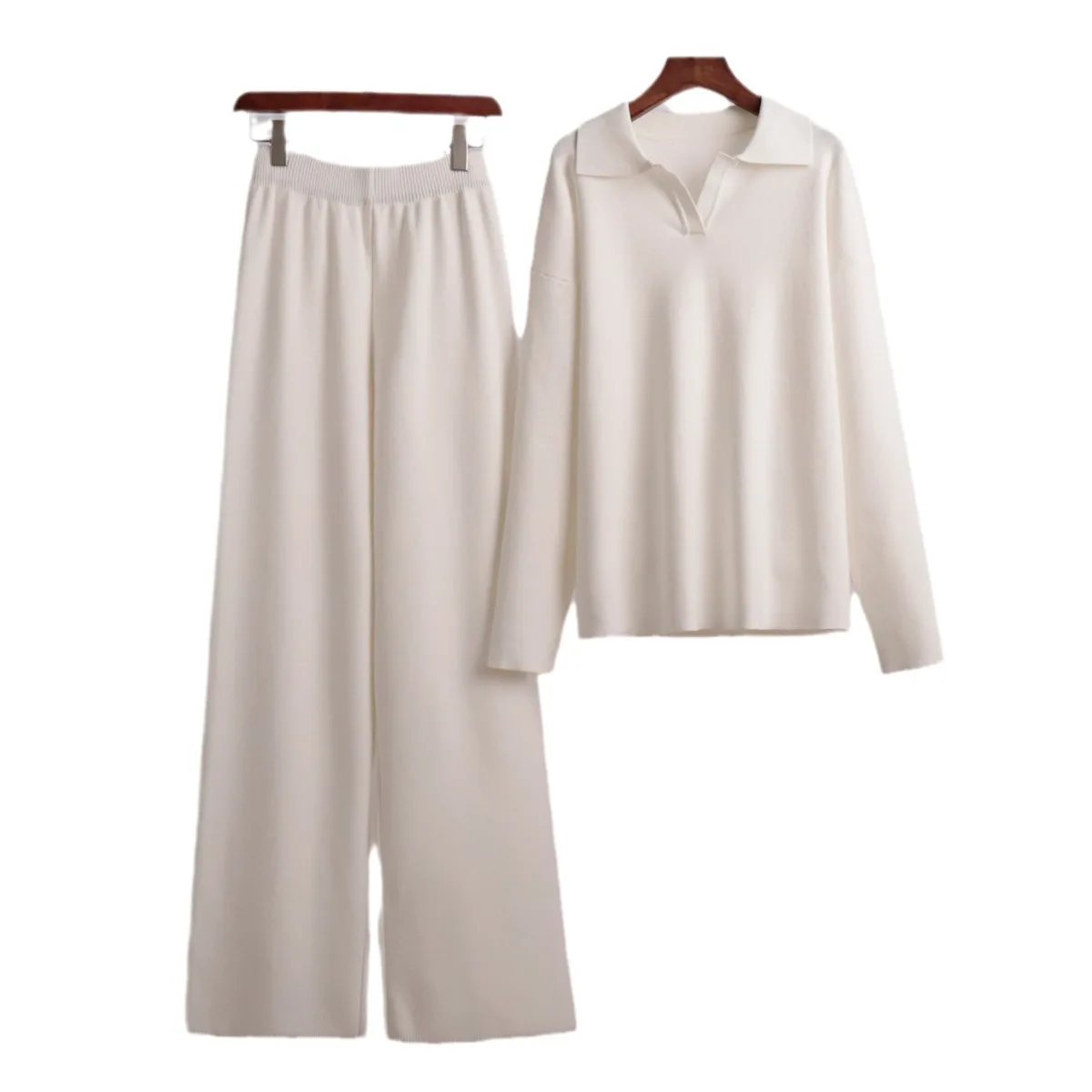 Cross Border Knitted Set European and American Autumn/Winter Sweater Polo Collar Knitted Hoodie+Wide Leg Pants Two Piece Set