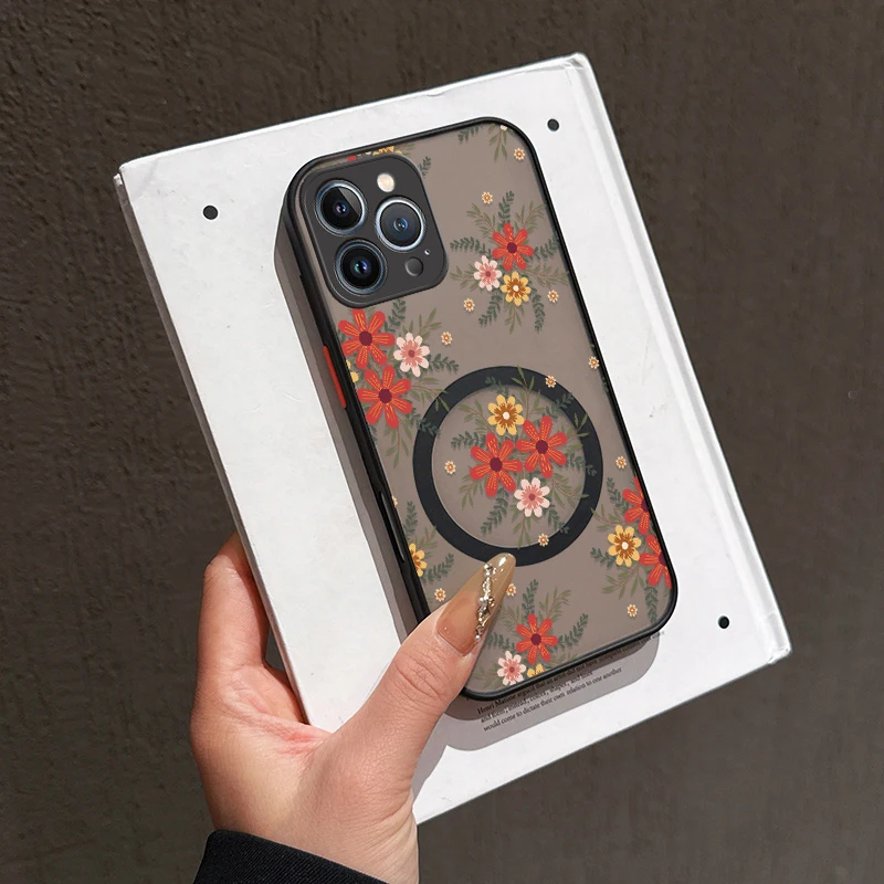 Custodia magnetica per iPhone 13 Mini 11 15 14 12 16 Pro Max 17 Air XR XS X SE 7 8 Plus per Magsafe Cover trasparente con fiori opachi