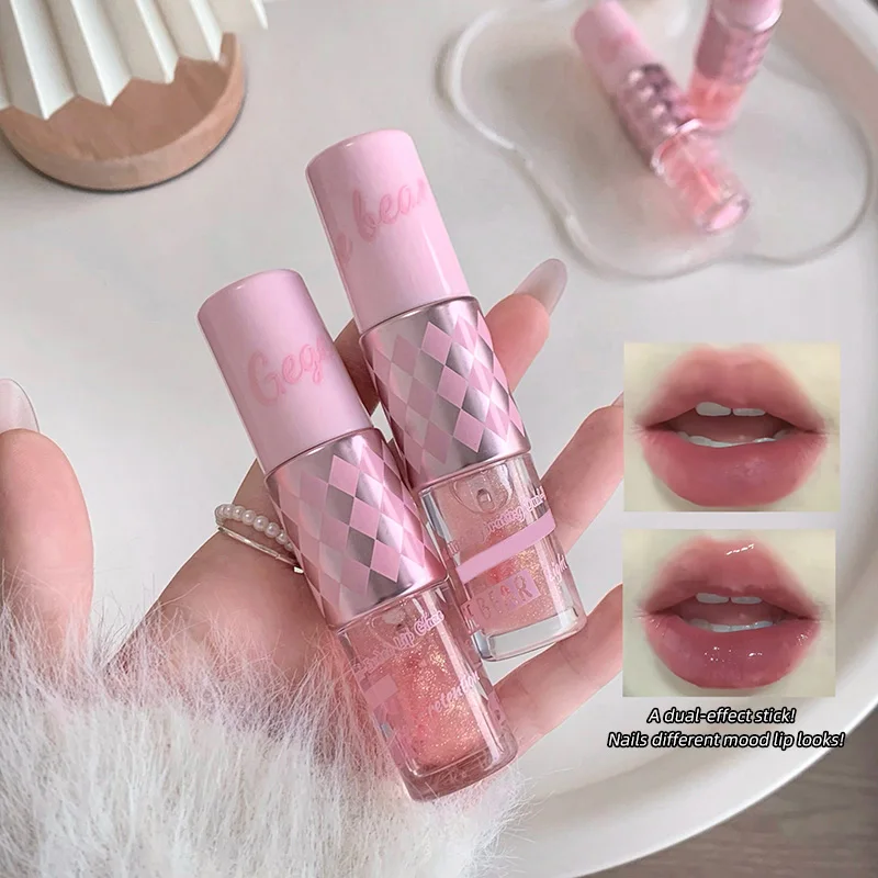 Gege Bear ملمع شفاه مزدوج الرأس، مزيج مزدوج من عسل الشفاه وطلاء الشفاه، شفاه كاملة، لون طبيعي، عسل شفاه أبيض