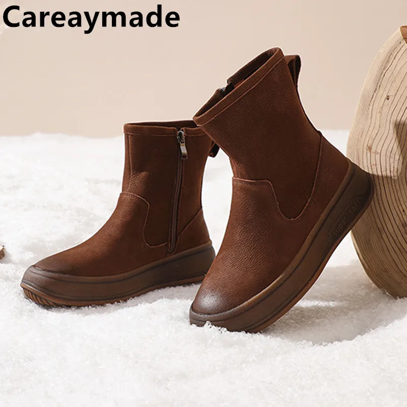 Careaymade-Genuine leather Women's Boots,Thick Bottom Autumn/Winter warm Cowhide Casual Versatile Single Boots big size shoes