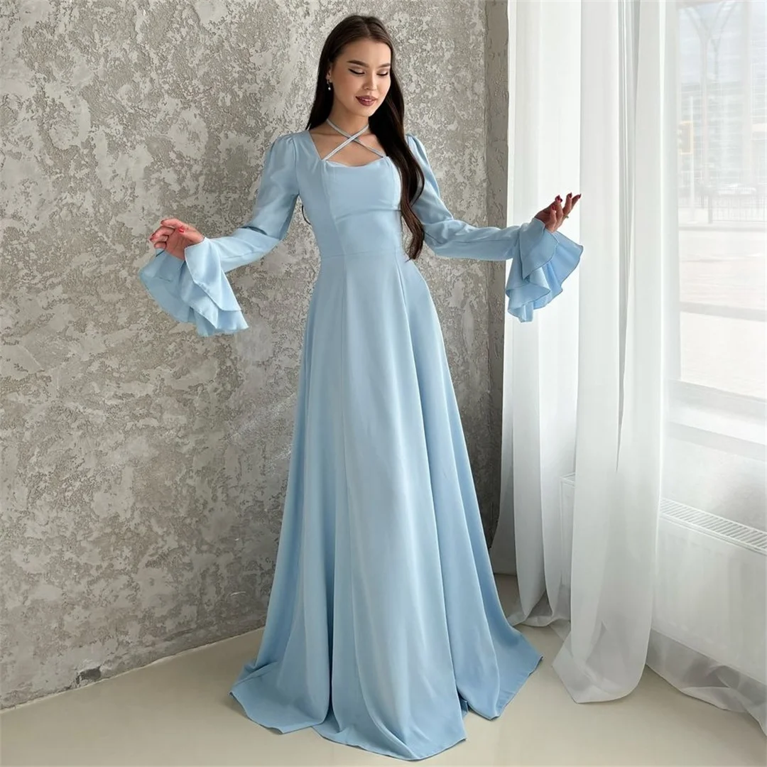 

Light Blue Soft Square Collar Evening Dresses High Quality Flare Long Sleeves Halter Backless Vintage Prom Dress Guest Gowns