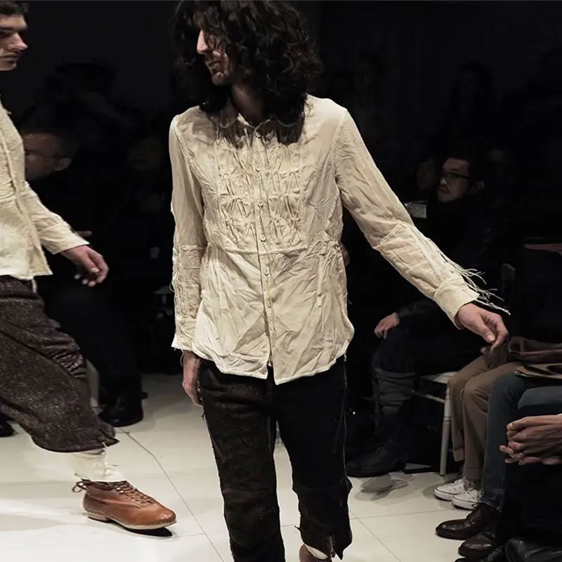 

Numbernine Sle Pleated Fringe irt Jaet Loose Fit Polyester Cotton Blend All Seasons Long Sve Turn-down Collar Open C...