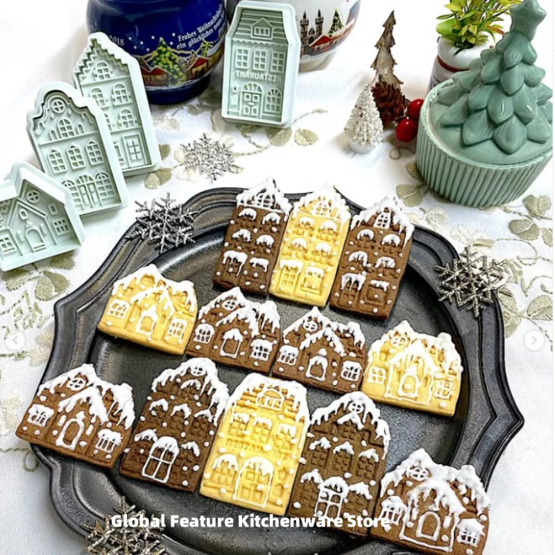 4Pcs Christmas Gingerbread House Cutters Cookie 3D Baking molds Fondant Cake Decoration pastry Biscuit Stamp Baking Accessories