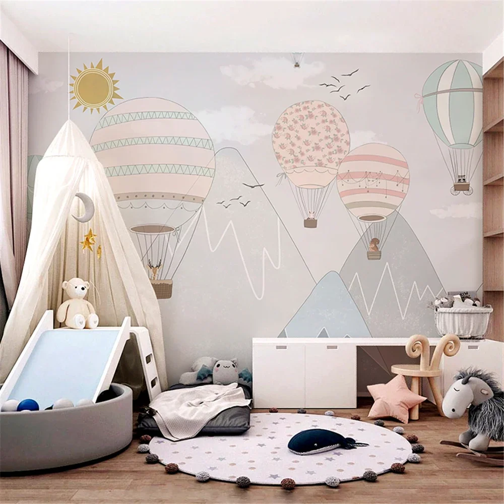 

Custom Cartoon Grey hot air balloon wallpaper for children's room Simple wallpaper Boys' bedroom mural kindergarten home decor
